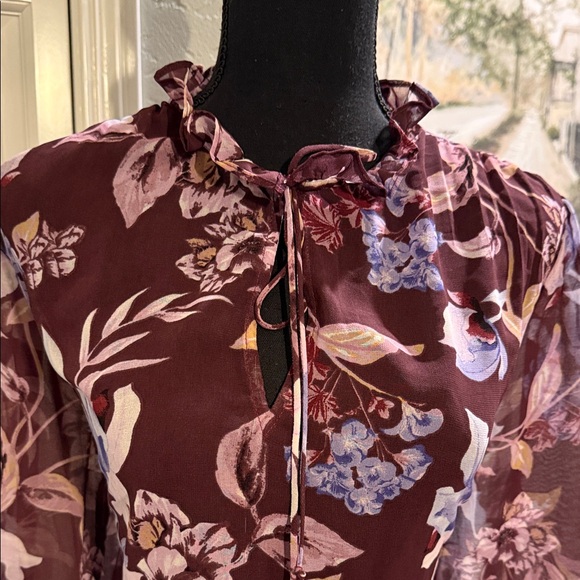 White House Black Market Burgundy Floral Blouse - Picture 2 of 4